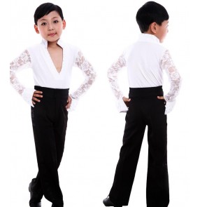 Black white lace sleeves rhinestones v neck collar boys kids children baby competition  school play performance professional latin ballroom tango dance dancing  sets ourfits 